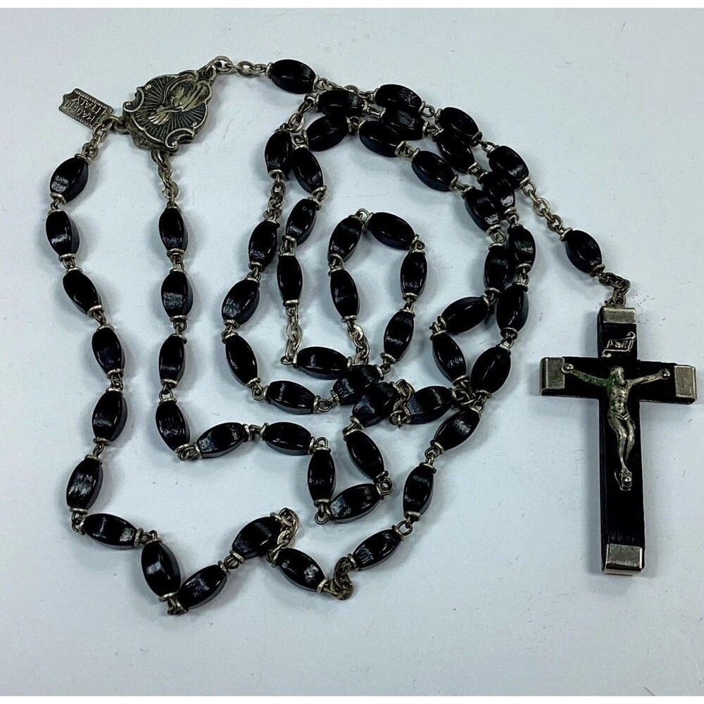 Vintage Roma Italy Black Bead Rosary Crucifix Religious Necklace